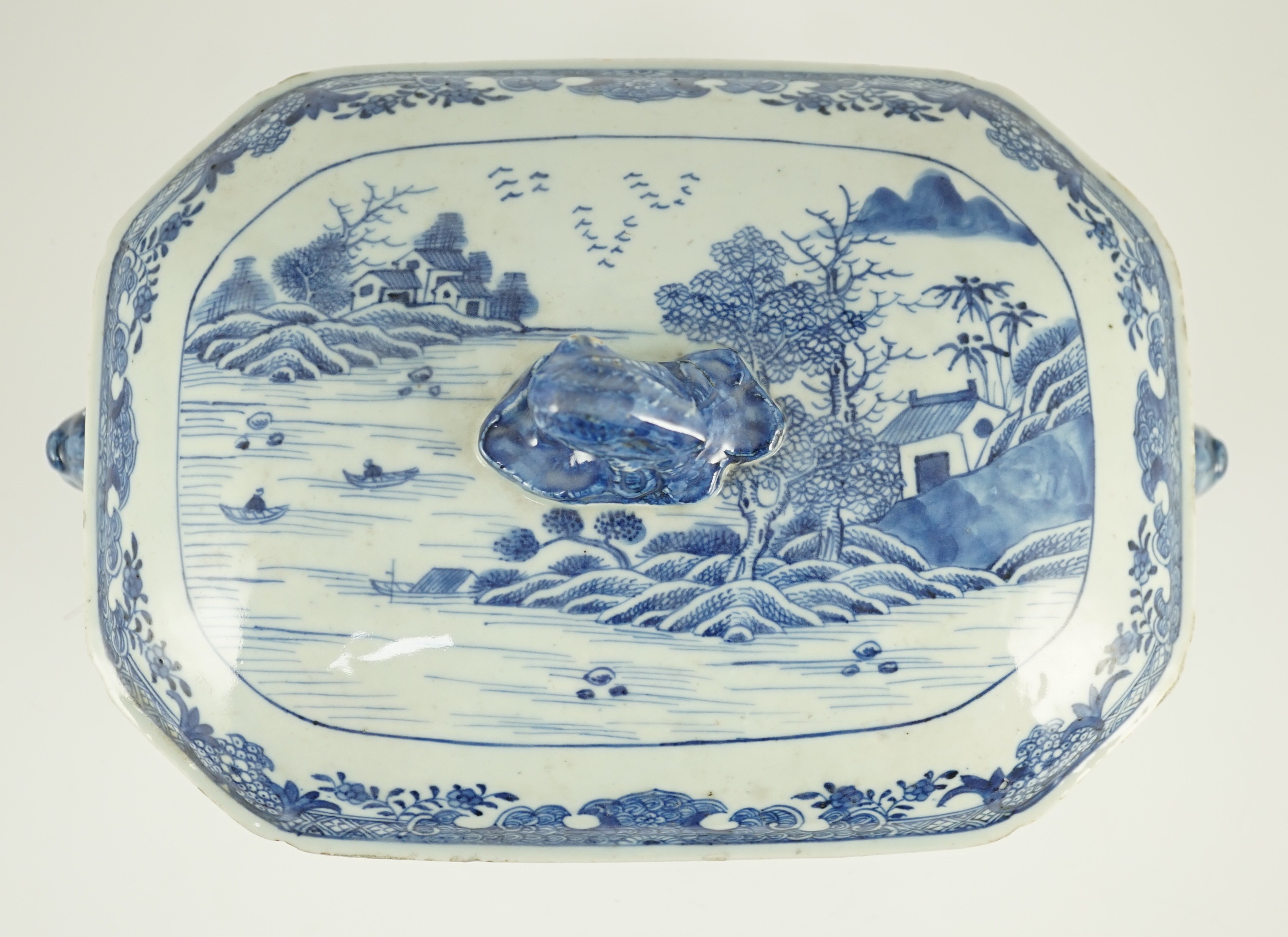 A Chinese blue and white tureen and cover, Qianlong period, 35.5cm wide, one handle re-attached